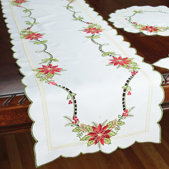 Xia Home Fashions Scrolling Poinsettia Embroidered Cutwork Table Runner